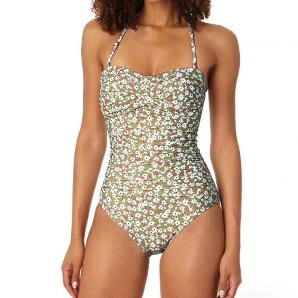 Anne Cole Green Floral Print Shirred Bandeau One Piece Strapless Swimsuit Size 8